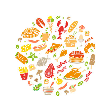 Hand-drawn doodle meat, fish, vegetables and dishes icons set. Vector food illustration. Good for site, menu, flyer or banner.