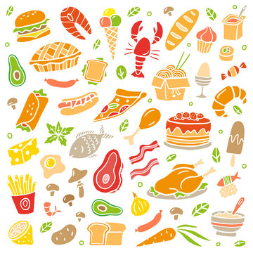 Hand-drawn food poster. Colorful illustration with many different dishes. Vector set with vegetables, fruits, meat, and fish.
