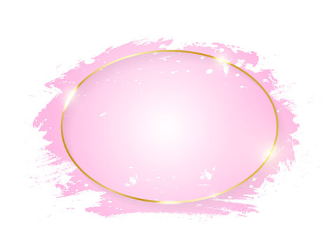 Gold shiny glowing oval frame with pink brush strokes isolated on white background. Golden line border for invitation, card, sale, fashion, wedding. Woman, Valentine or mother day concept. Vector