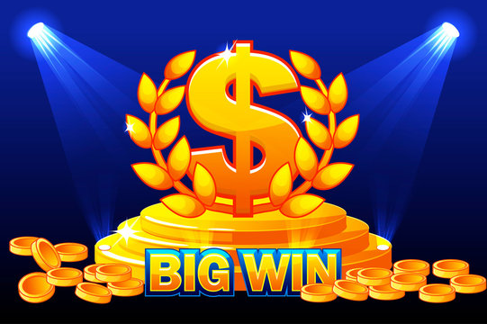 BIG WIN banner and sign DOLLAR award. Stack golden coins. Vector illustration for casino, slots, roulette and game UI.