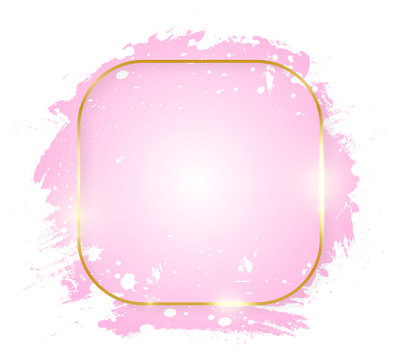 Gold shiny glowing square frame with pink brush strokes isolated on white background. Golden line border for invitation, card, sale, fashion, wedding. Woman, Valentine or mother day concept. Vector