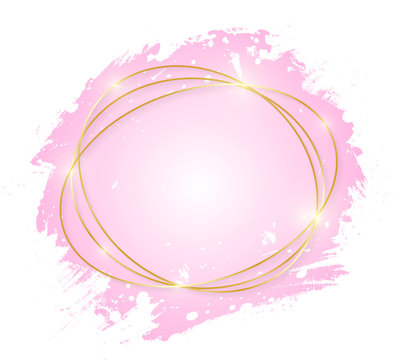 Gold shiny glowing art frame with pink brush strokes isolated on white background. Golden line border for invitation, card, sale, fashion, wedding. Woman, Valentine or mother day concept. Vector