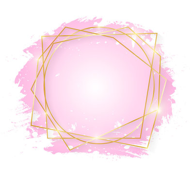 Gold shiny glowing art frame with pink brush strokes isolated on white background. Golden line border for invitation, card, sale, fashion, wedding. Woman, Valentine or mother day concept. Vector