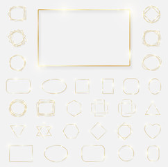 Mega pack of gold shiny glowing frames isolated on white background. Pack of luxury realistic square, rectangle, round, oval, triangle borders. Decorative golden luxury line borders. Vector