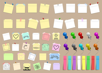 Mega pack of colored office paper stickers and metal pins with shadows isolated on beige background. Reminder tag elements mock up. Vector illustration