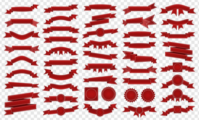 Big pack of retro embroidered red ribbons and stumps isolated on transparent background. Can be used for banner, award, sale, icon, logo, label etc. Vector illustration