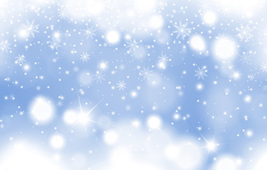 Winter blue glowing background of falling snow with clouds and snowflakes. Christmas and New Year card design. Vector illustration