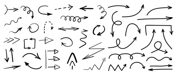 Set of black grunge hand drawn arrows isolated on white. Vector illustration - obrazy, fototapety, plakaty