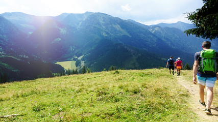 Gruppe Wandert über die Alm, abstand