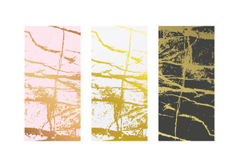 Golden marble imitation backgrounds set. Abstract cover with old rock, stone texture.