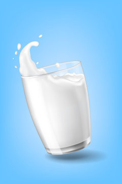 flow cow milk crown splash closeup cup glass blue background vector