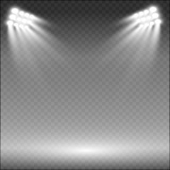 Stadium floodlights brightly illuminate evening or night sports games, concerts, shows, events. Isolated on a transparent background. Arenas of bright spotlights. Bright lights. Illuminated scene.