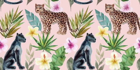 Seamless pattern with leopard and panther, tropical leaves. Trendy style. Exotic and jungle animal. Hand drawn watercolor illustration. Summer luxury design for print, printing on paper or fabric