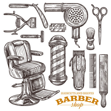 Vector collection of hand drawn barbeshop tools and accessories in engraving style. Sketch vintage illustration of shaving and hairdresser equipments: razor, comb, scissors, barber shop pole, brush