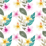 Seamless pattern with flowers and green tropical palm leaves. Exotic and jungle trendy style. Hand drawn watercolor illustration. Exotic hawaiian summer design for print, printing on paper or fabric