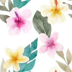 Seamless pattern with flowers and green tropical palm leaves. Exotic and jungle trendy style. Hand drawn watercolor illustration. Exotic hawaiian summer design for print, printing on paper or fabric