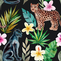 Seamless pattern with leopard and panther, tropical leaves. Trendy style. Exotic and jungle animal. Hand drawn watercolor illustration. Summer luxury design for print, printing on paper or fabric