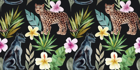 Seamless pattern with leopard and panther, tropical leaves. Trendy style. Exotic and jungle animal. Hand drawn watercolor illustration. Summer luxury design for print, printing on paper or fabric