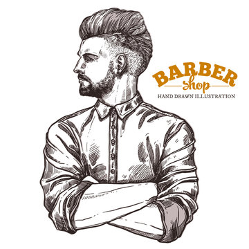 Vector sketch illustration of barbershoper. Portrait of yong hipster man with trendy hairstyle. Hand drawn image of Barber Shop owner