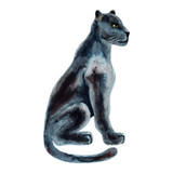 Panther isolated on white background.Trendy style. Exotic and jungle animal. Hand drawn watercolor illustration. Summer design for decor, print, printing paper or fabric, web design, children design