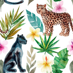 Seamless pattern with leopard and panther, tropical leaves. Trendy style. Exotic and jungle animal. Hand drawn watercolor illustration. Summer luxury design for print, printing on paper or fabric