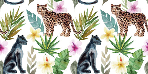 Seamless pattern with leopard and panther, tropical leaves. Trendy style. Exotic and jungle animal. Hand drawn watercolor illustration. Summer luxury design for print, printing on paper or fabric