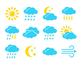 Obraz premium Weather forecast symbol collection. Flat icon set for sunny, rainy, cloudy days. Meteo & climate signs. Isolated object