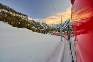 The Bernina Express Red Train through the Alps