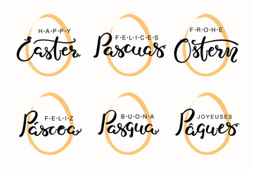 Set of lettering quotes Happy Easter in English, Italian, Spanish, Portuguese, German, French. Isolated objects on white background. Hand drawn vector illustration. Design element for card, banner.