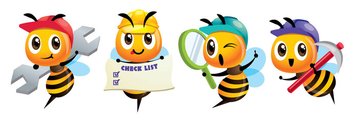 Cartoon cute bee mascot set. Cartoon cute bee holding a spanner, holding a signage, holding a magnifying glass, holding a hoe. Hardworking bee wearing safety cap. Vector illustration isolated