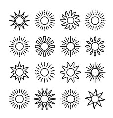 Sun symbol collection. Line vector icon set. Sunlight signs. Weather forecast. Isolated objects
