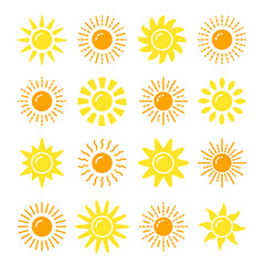 Sun symbol collection. Flat vector icon set. Sunlight signs. Weather forecast. Isolated object