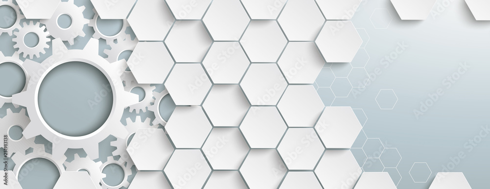 Wall mural white hexagon structure gears header