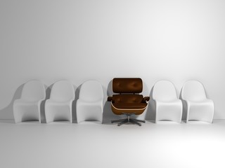 Row of chairs with one odd one out. Job opportunity. Business leadership. recruitment concept. 3D rendering