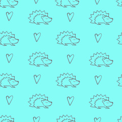 Vector pattern kids animal in hand draw style. Hengehog and heart