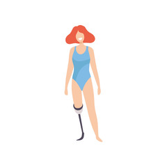 Young Woman with Artificial Leg Wearing Swimsuit, Body Positive, Self Acceptance and Beauty Diversity Concept Vector Illustration