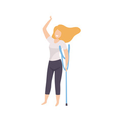 Fototapeta premium Happy Young Woman in Casual Clothes with Crutches, Body Positive, Self Acceptance and Beauty Diversity Concept Vector Illustration
