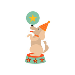 Cute Dog Standing on Stage with Ball, Funny Animal Performing in Circus Show Vector Illustration