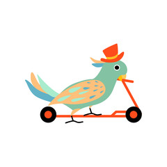 Parrot Wearing Top Hat Riding on Kick Scooter, Cute Funny Animal Performing in Circus Show Vector Illustration