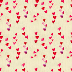 Happy Valentines Day. Seamless pattern with red watercolor hearts.