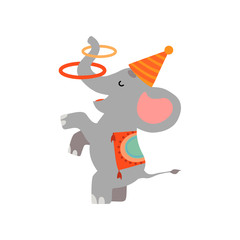 Cute Elephant Juggling with Hoops, Funny Animal Performing in Circus Show Vector Illustration