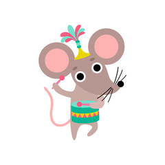 Cute Mouse Playing Drum, Funny Animal Performing in Circus Show Vector Illustration