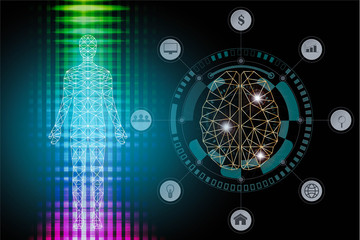 abstract background technology concept in blue light,brain and human body technology modern medical science in future and global international medical 