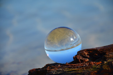 Glaskugel auf Treibholz im Wasser, spiegelung