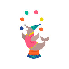 Cute Seal Juggling Balls on Stage, Funny Animal Performing in Circus Show Vector Illustration