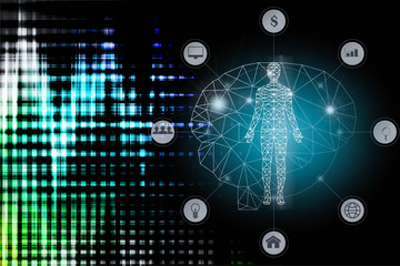 abstract background technology concept in blue light,brain and human body technology modern medical science in future and global international medical 