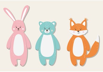 Obraz na płótnie Canvas Set of cute funny orange fox, blue bear and pink hare animals