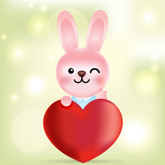 Cute cartoon bunny with heart balloon, Vector Illustration