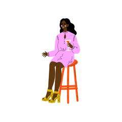 Young African American Woman Sitting on Bar Chair with Glass of Alcohol Drink Vector Illustration