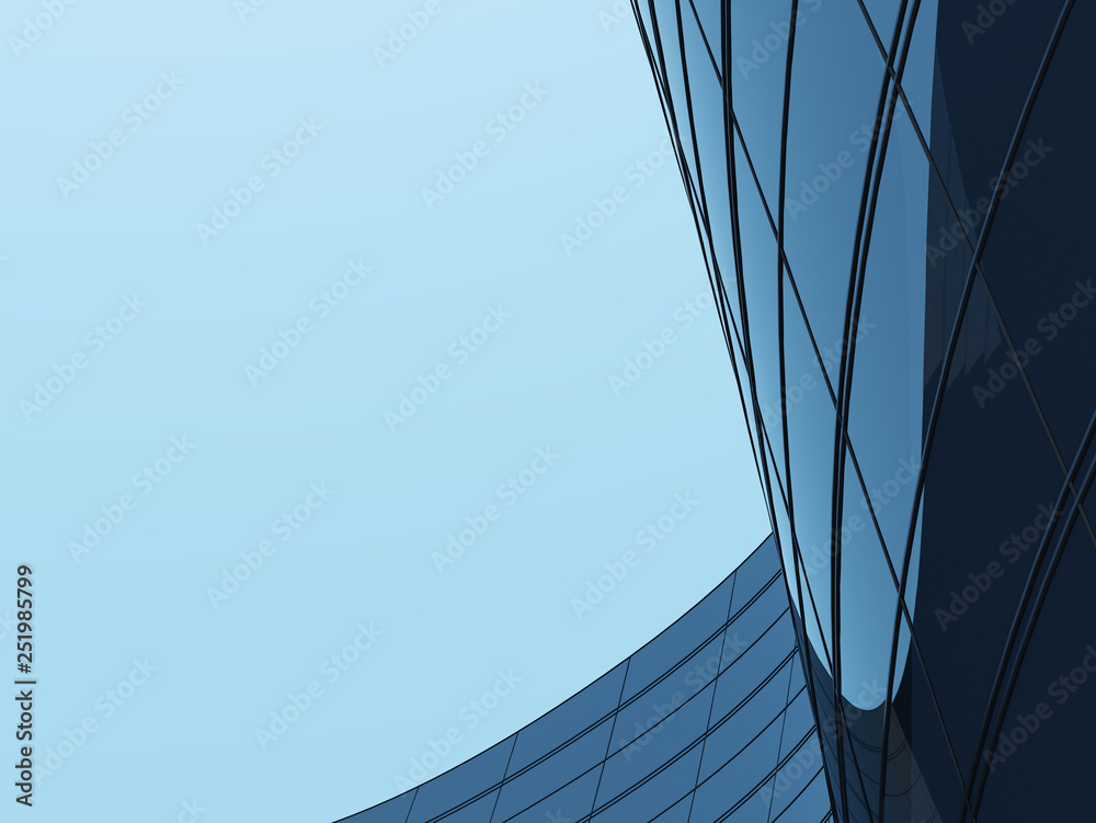 Poster 3d stimulate of high rise curve glass building and dark steel window system on blue sky background,b